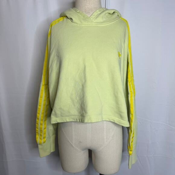 Adidas Originals Cropped Hoodie L Pastel Yellow 3-Stripes - Picture 2 of 7